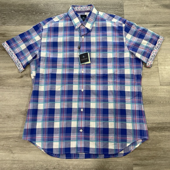 NWT TailorByrd Collection Blue Plaid Short Sleeve Button Up Shirt - Picture 1 of 6